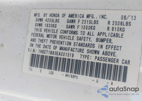 2014 Honda Accord Ex-L z USA, uszkodzony, nr VIN 1HGCT1B80EA001519